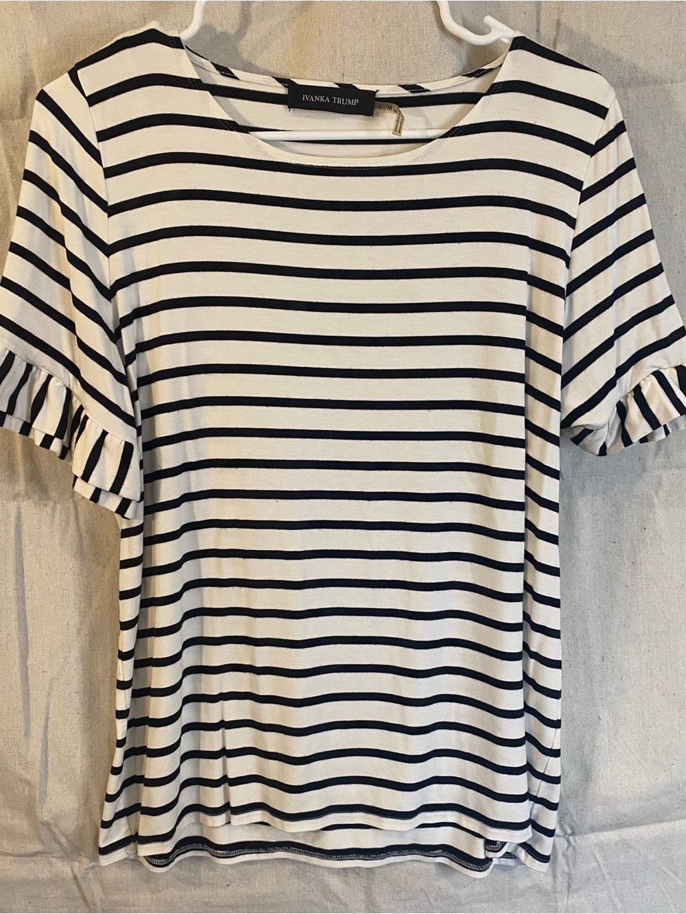 Ivanka Trump Black and White Striped Ruffle Sleeve Tee